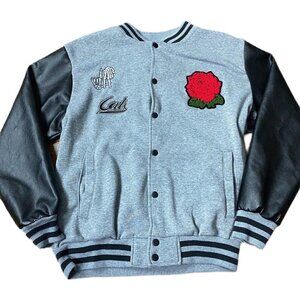 Original Deluxe Letterman Varsity Jacket Unisex L Rose Patch Cali Faux Leather